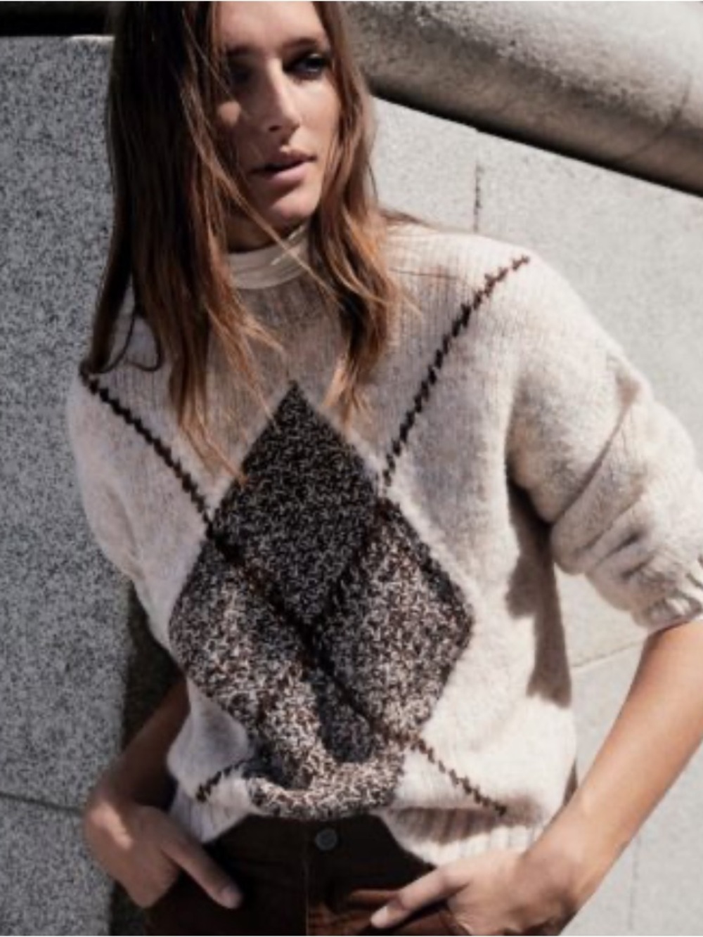 Mango 70s Inspired Argyle Patterned Sweater Academia